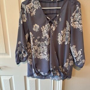 Maurices Gray and Cream Wrap Blouse with 3/4 Sleeves